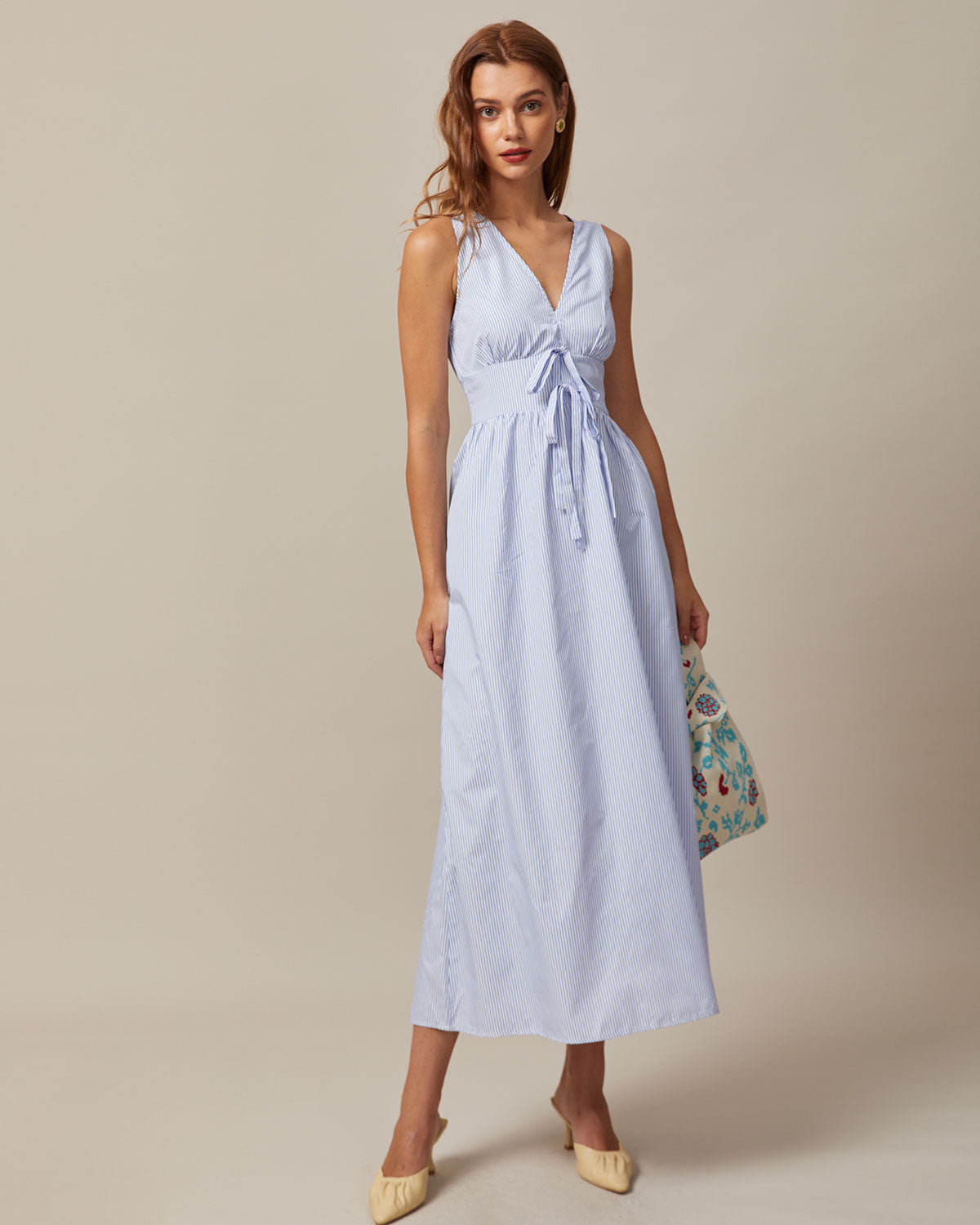 The Blue V Neck Shirred Striped Maxi Dress For Sale For Sale