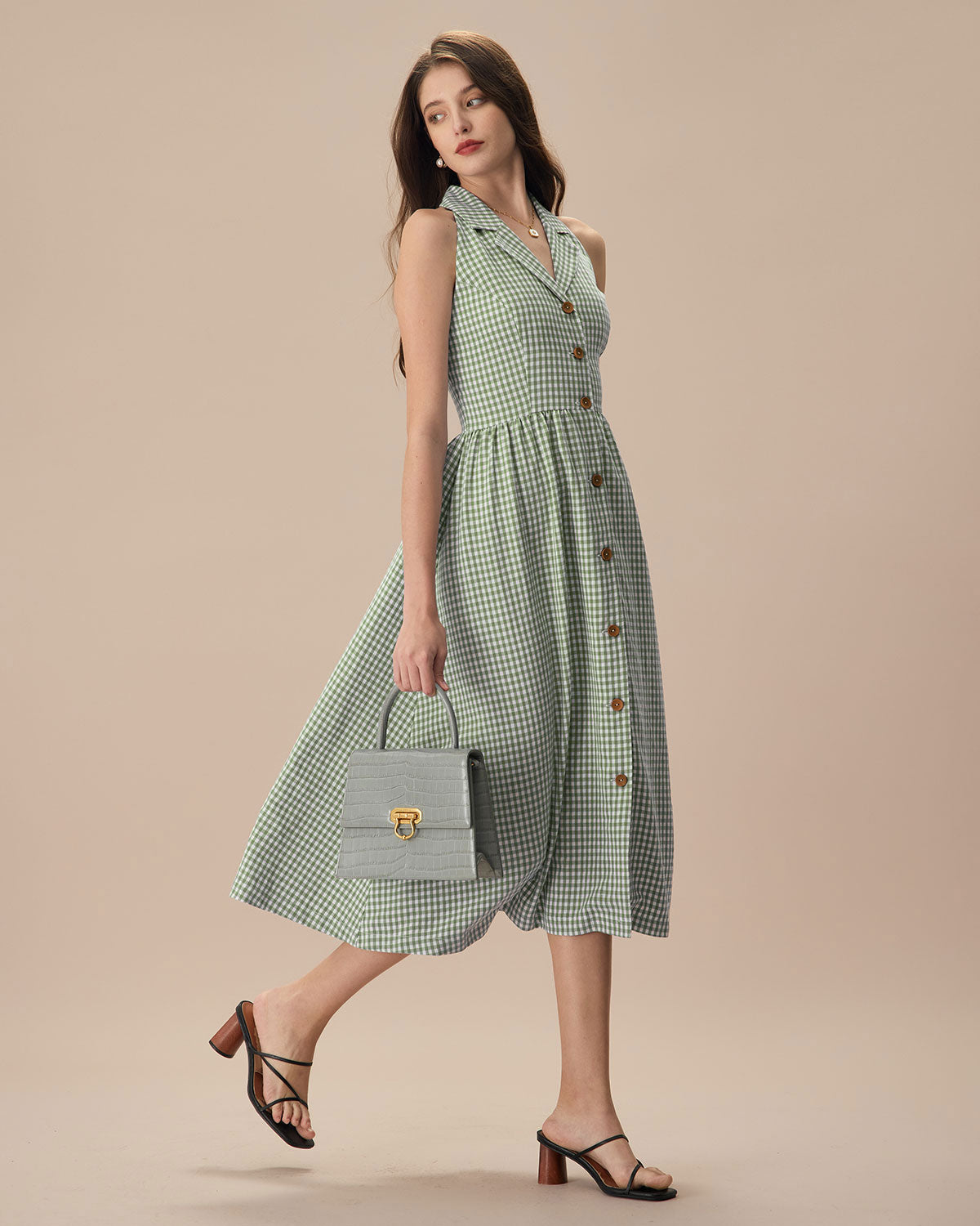 The Green Lapel Plaid Sleeveless Shirt Midi Dress View