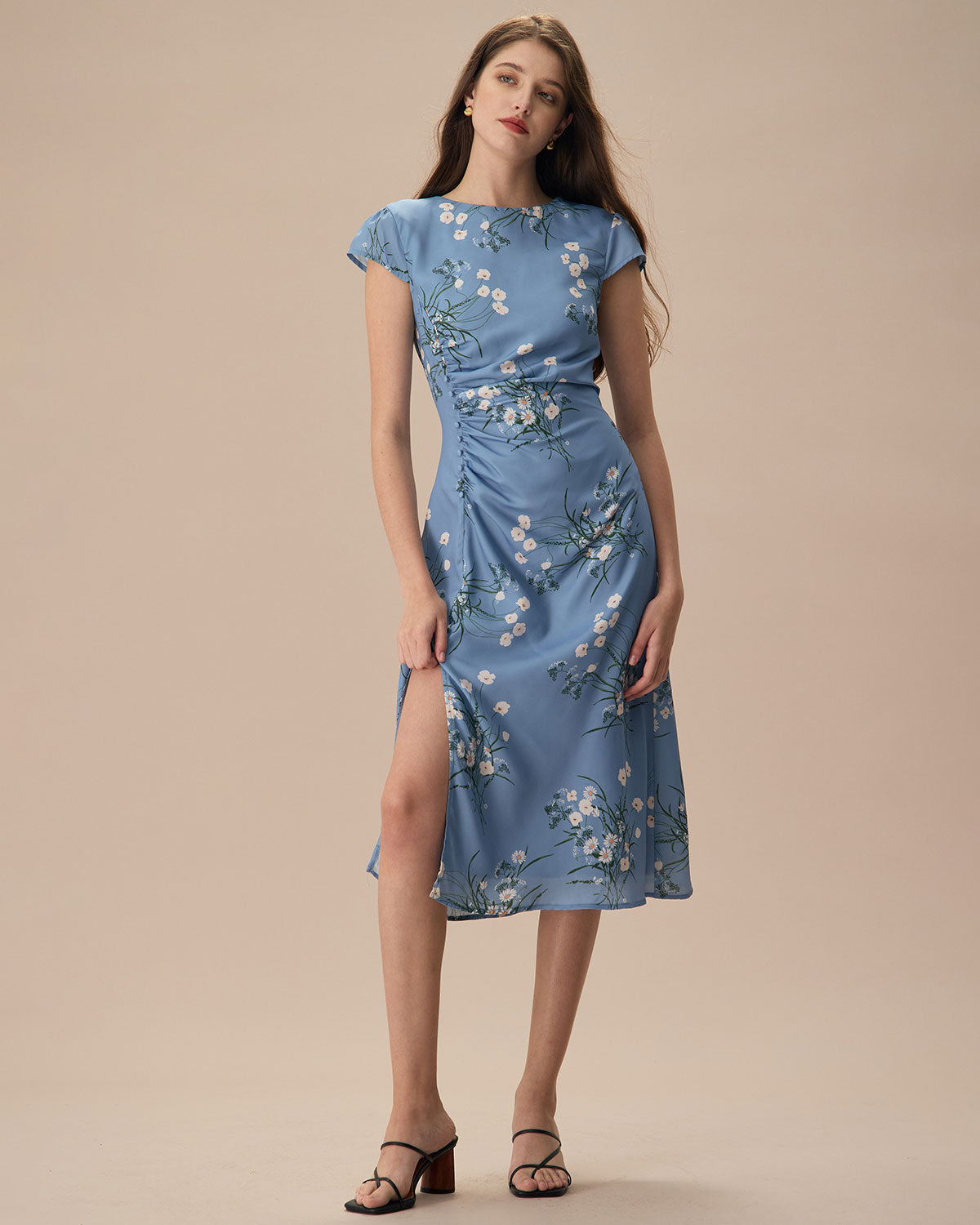 The Blue Round Neck Slit Floral Midi Dress Buy Cheap For Nice