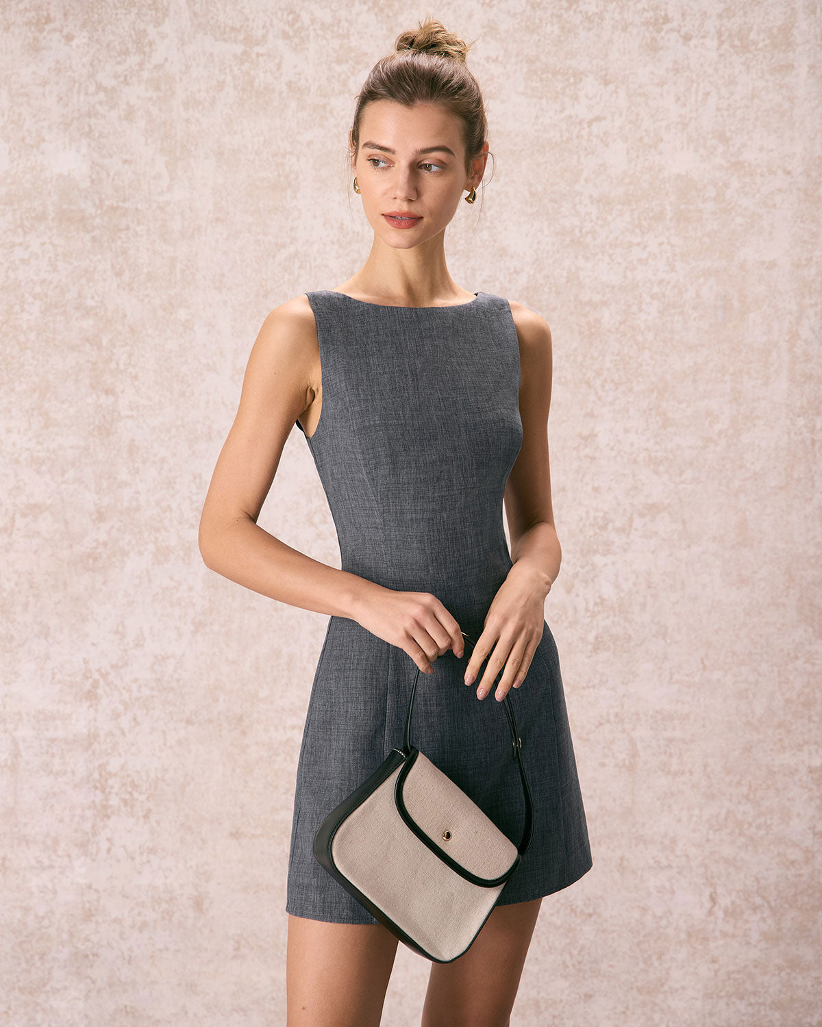 The Grey Boat Neck Sleeveless Mini Dress High Quality