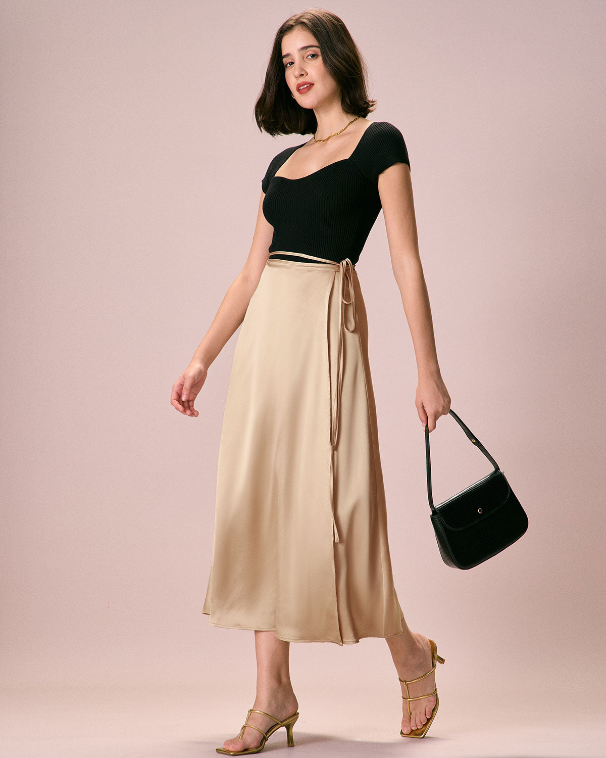 The Khaki Satin Lace-Up Wrap Midi Skirt Good Selling Cheap Pice