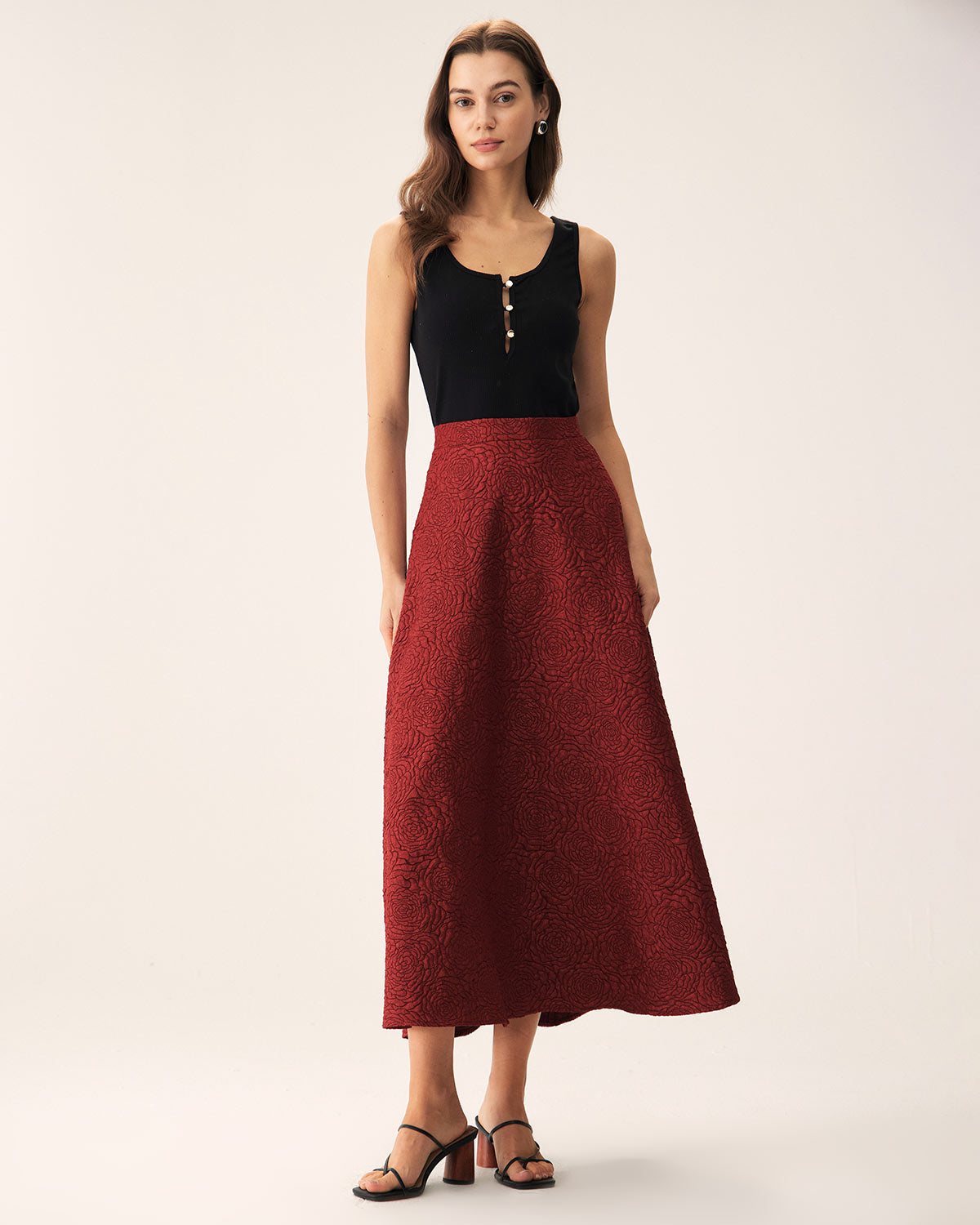 Red Jacquard A-line Midi Skirt Sale Official