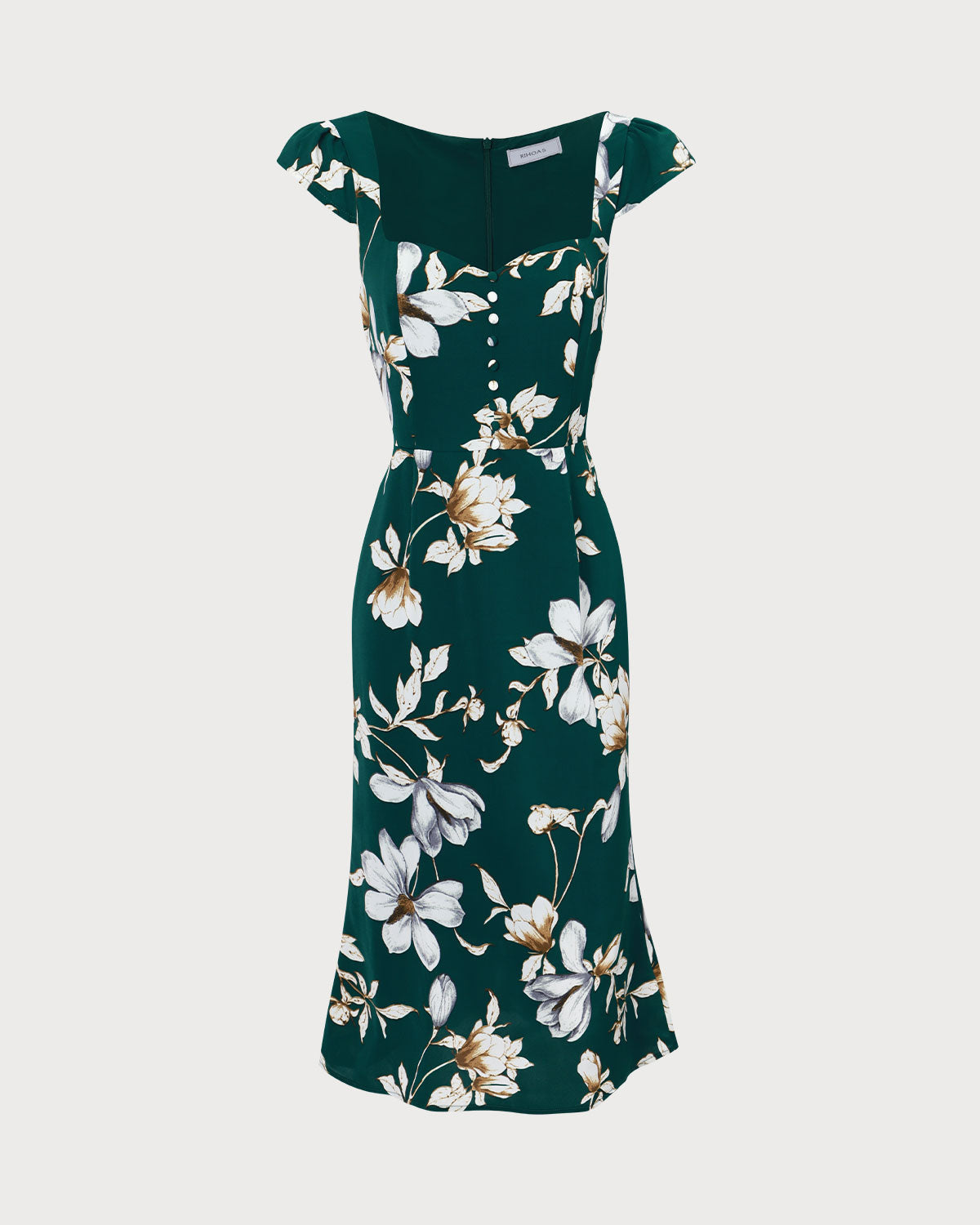 The Green Sweetheart Neck Cap Sleeve Floral Midi Dress Online Online High Quality