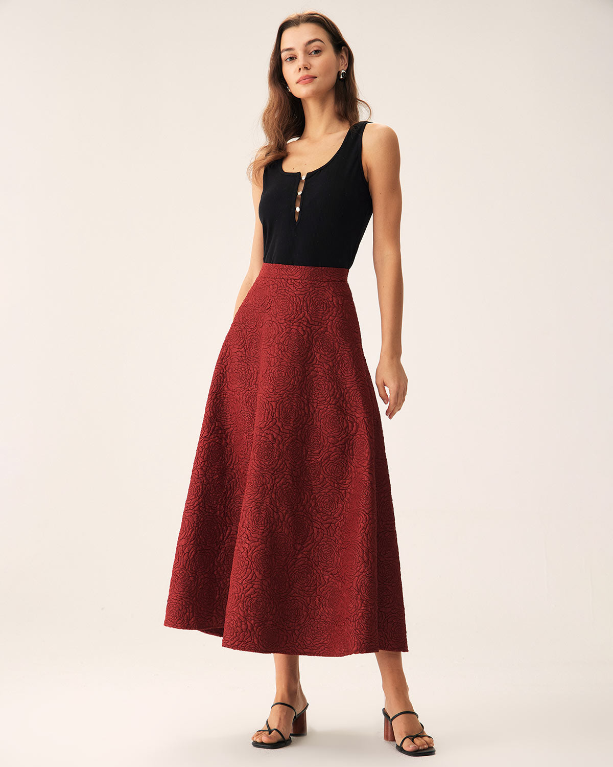 Red Jacquard A-line Midi Skirt Sale Official