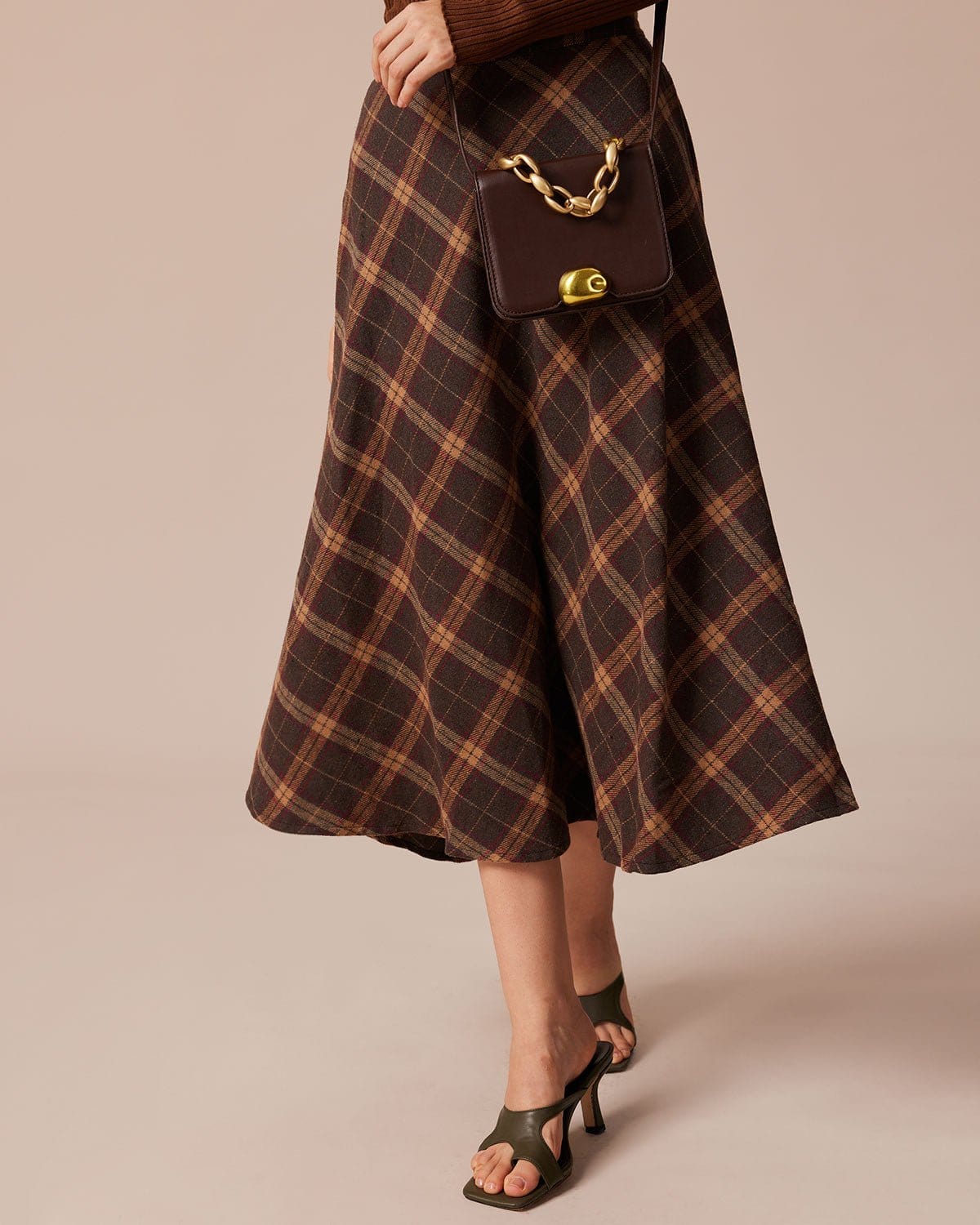 The Brown Elastic Waist Plaid A-Line Midi Skirt Cheap Low Pice