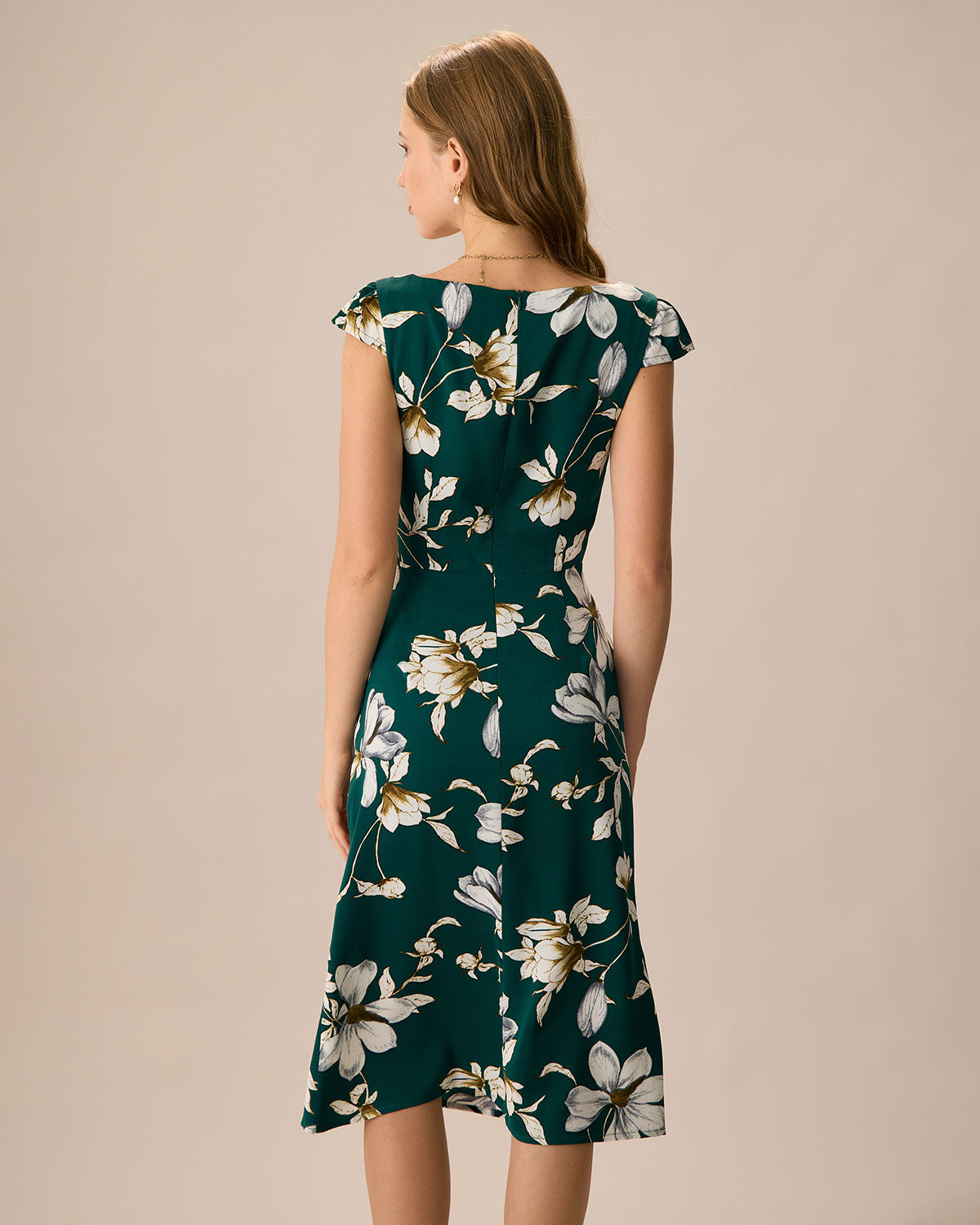 The Green Sweetheart Neck Cap Sleeve Floral Midi Dress Online Online High Quality