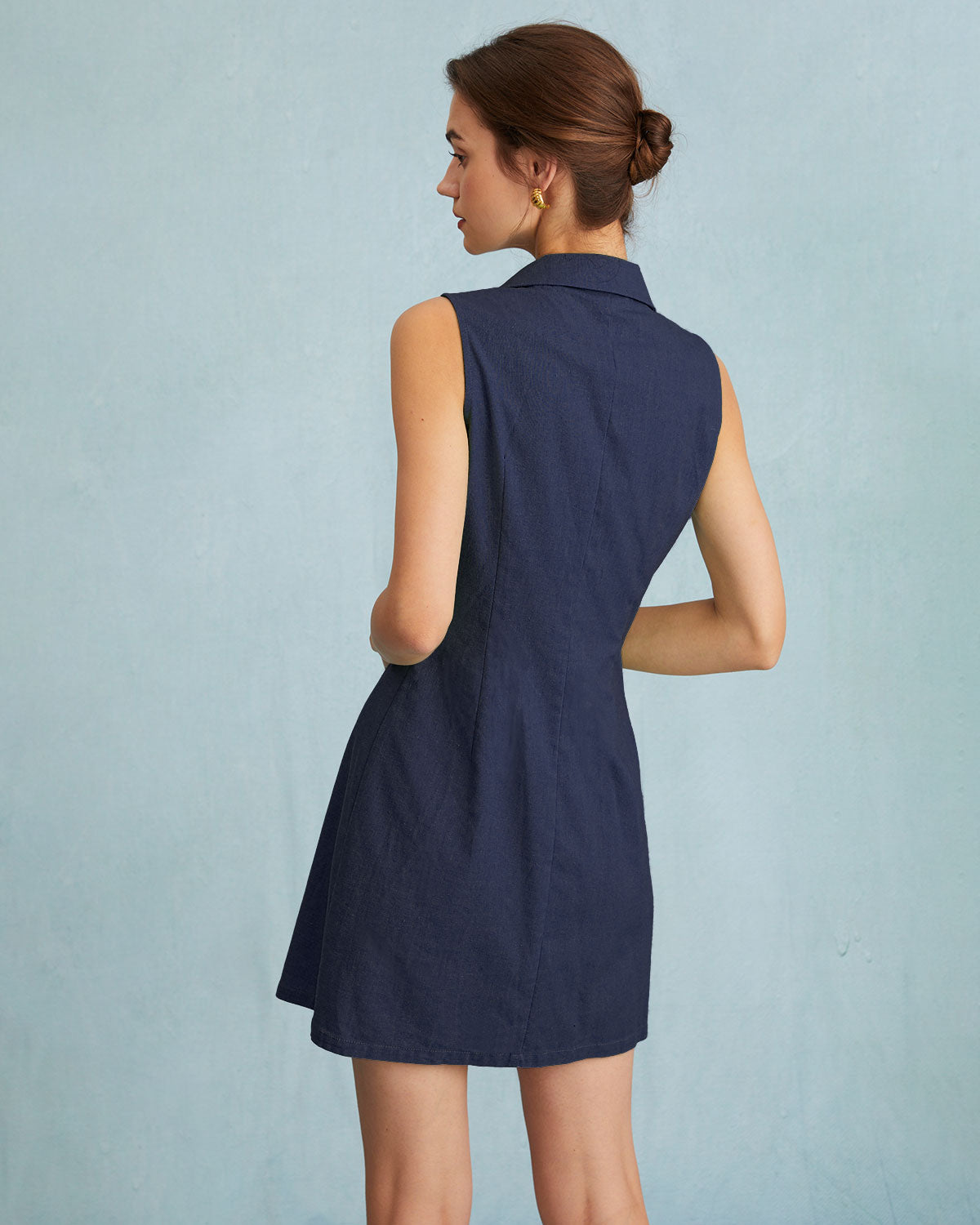 The Navy Lapel Button-up Sleeveless Mini Dress Low Cost Online