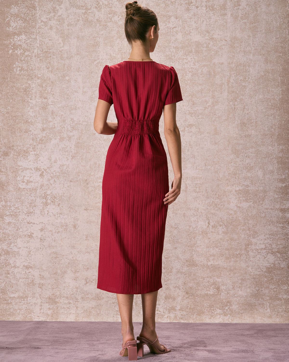 The Red V Neck Shirred Puff Sleeve Midi Dress For Cheap Online