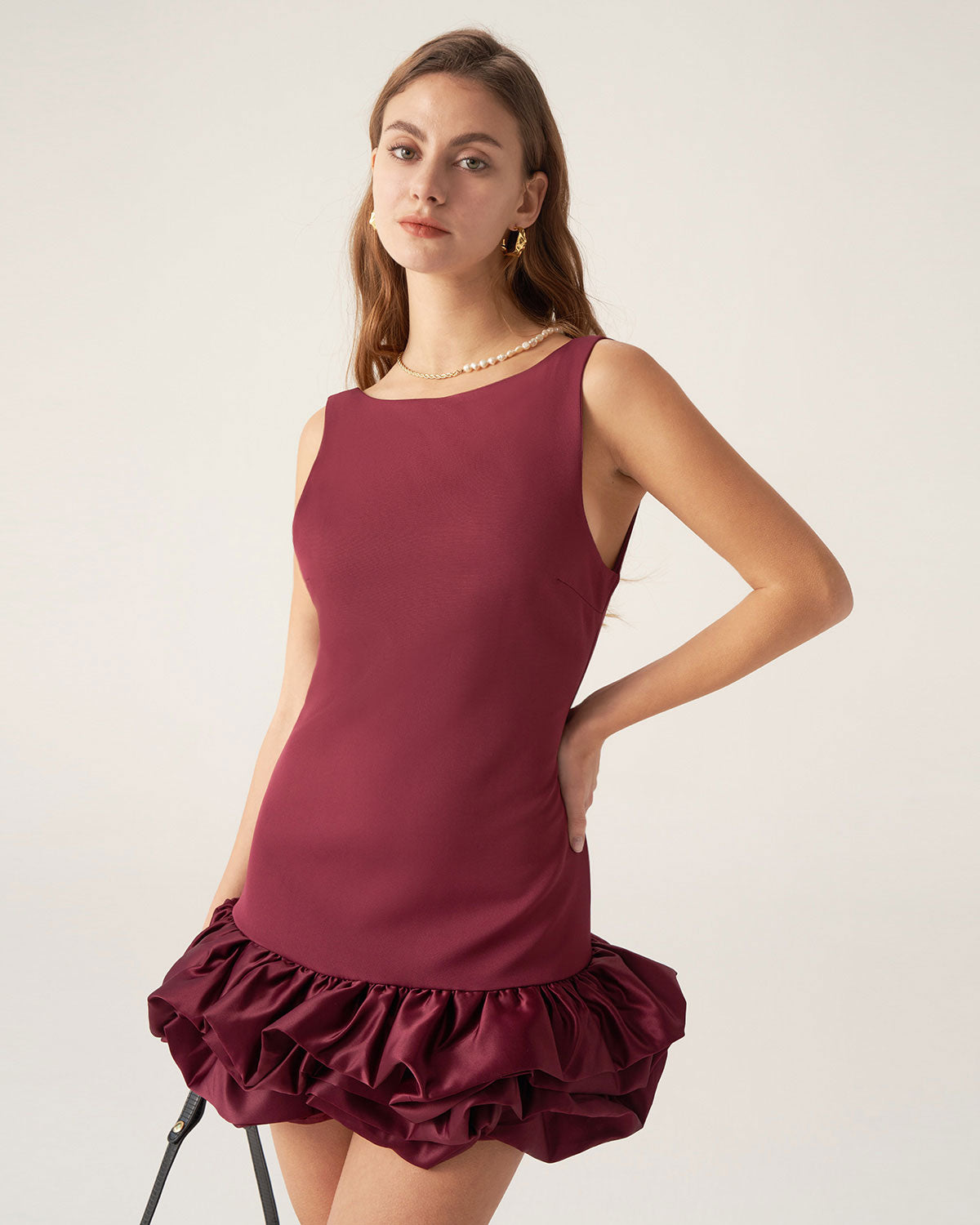 Wine Red Boat Neck Satin Mini Dress Amazing Pice