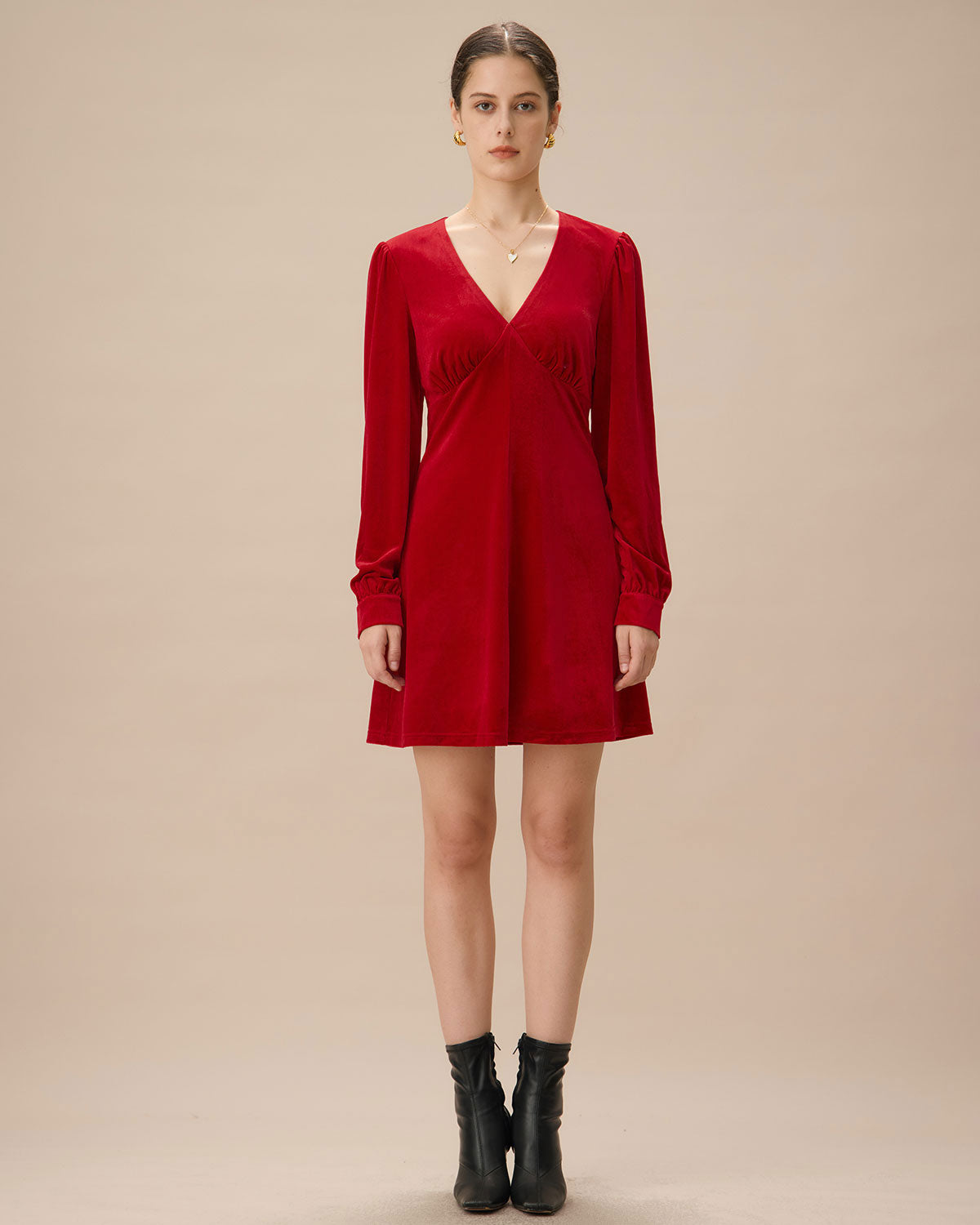 Red Velvet Puffed Sleeve A-Line Mini Dress Low Pice Fee Shipping Online