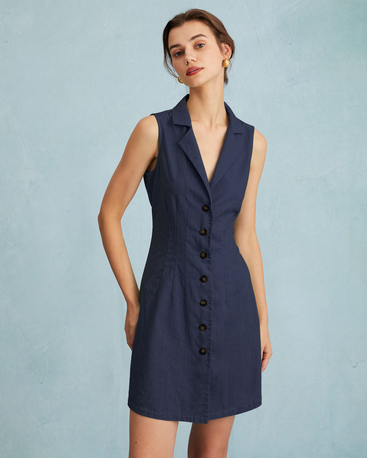 The Navy Lapel Button-up Sleeveless Mini Dress Low Cost Online