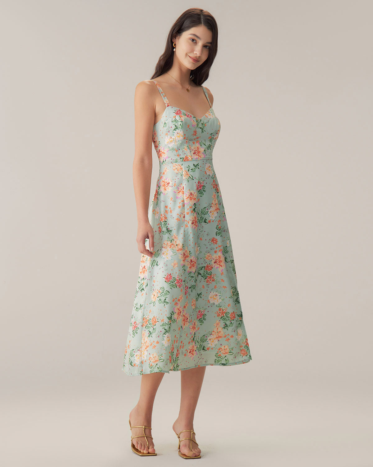 Green Floral Sweetheart Neck Slip Midi Dress Free Shipping With Credit Card