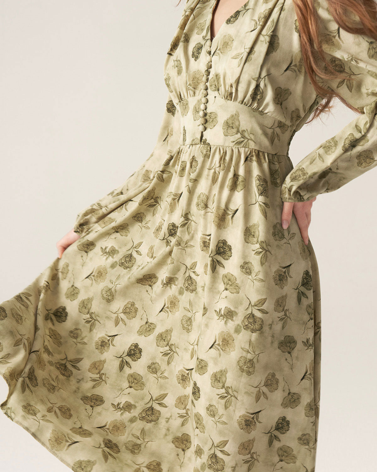 Green Floral Lantern Sleeve Midi Dress For Cheap Sale Online