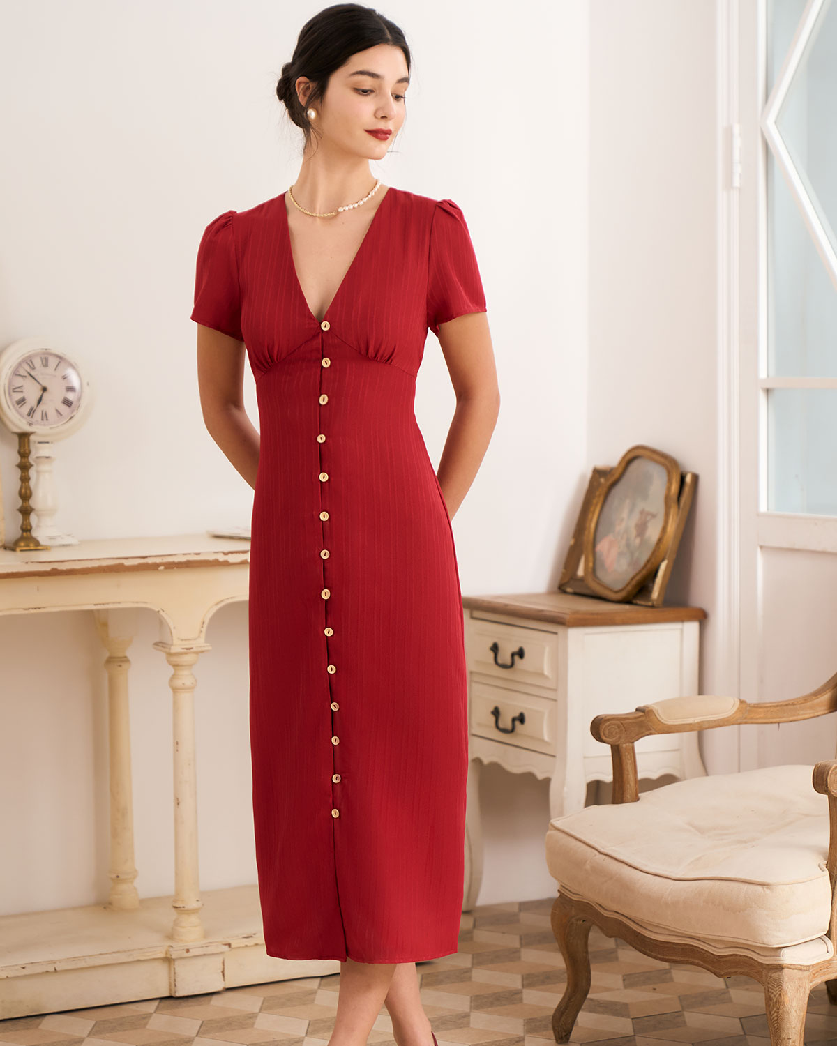 The Red V Neck Shirred Puff Sleeve Midi Dress For Cheap Online