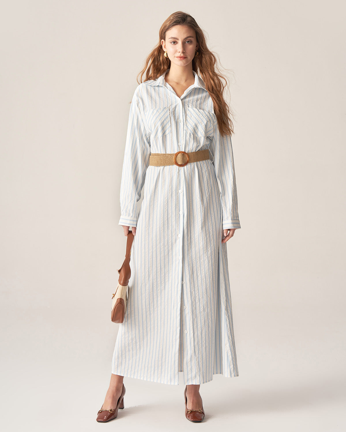 Blue Striped Belted Midi Dress Free Shipping Pay With Visa