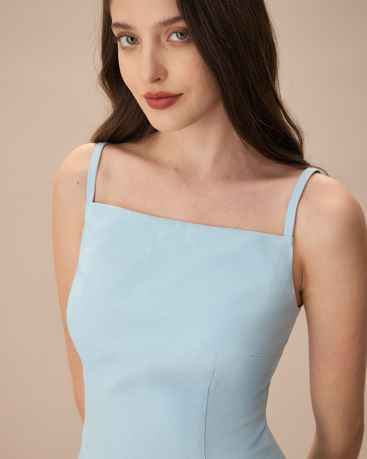 The Blue Square Neck Linen Slip Mini Dress Sale Best Seller