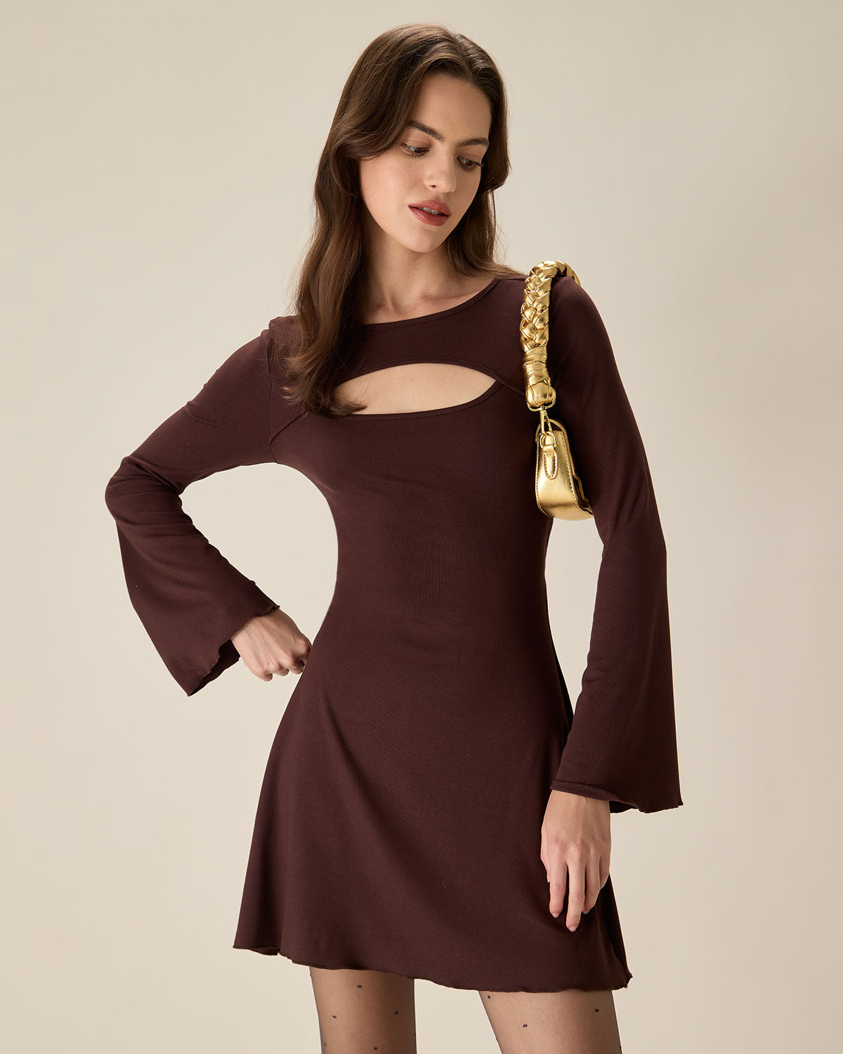 Coffee Boat Neck Cutout Sweater Dress Discount Best Sale