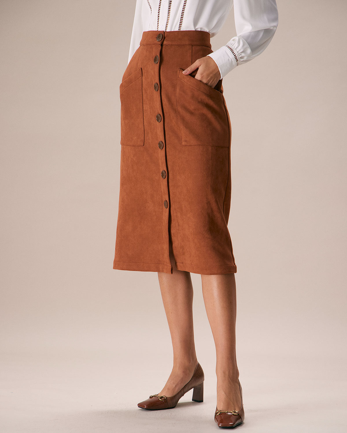 The Brown Suede Single Breasted Midi Skirt Best Place For Sale