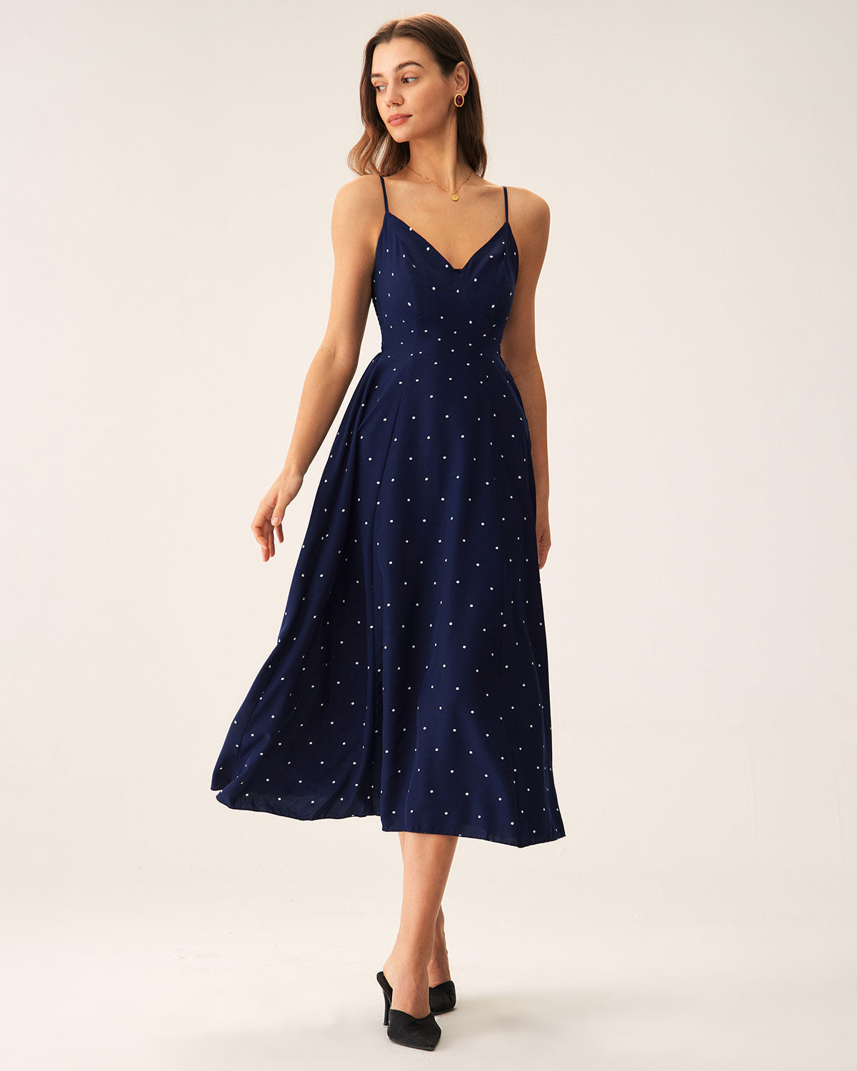 Navy Polka Dot Shirred Slip Midi Dress Best Seller Cheap Pice