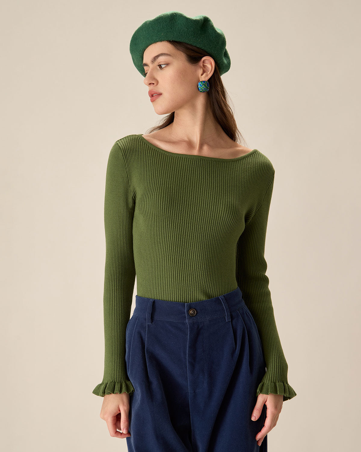 Green Boat Neck Ruffle Slim Tee Cheap Sale Professional