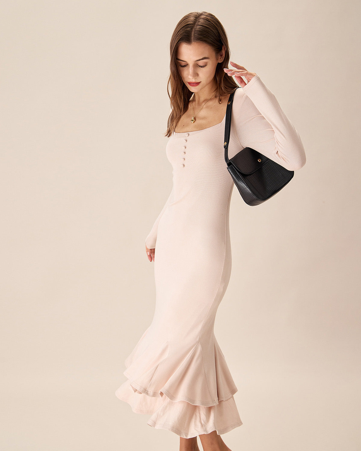 Apricot Square Neck Mermaid Midi Dress Recommend Cheap Online