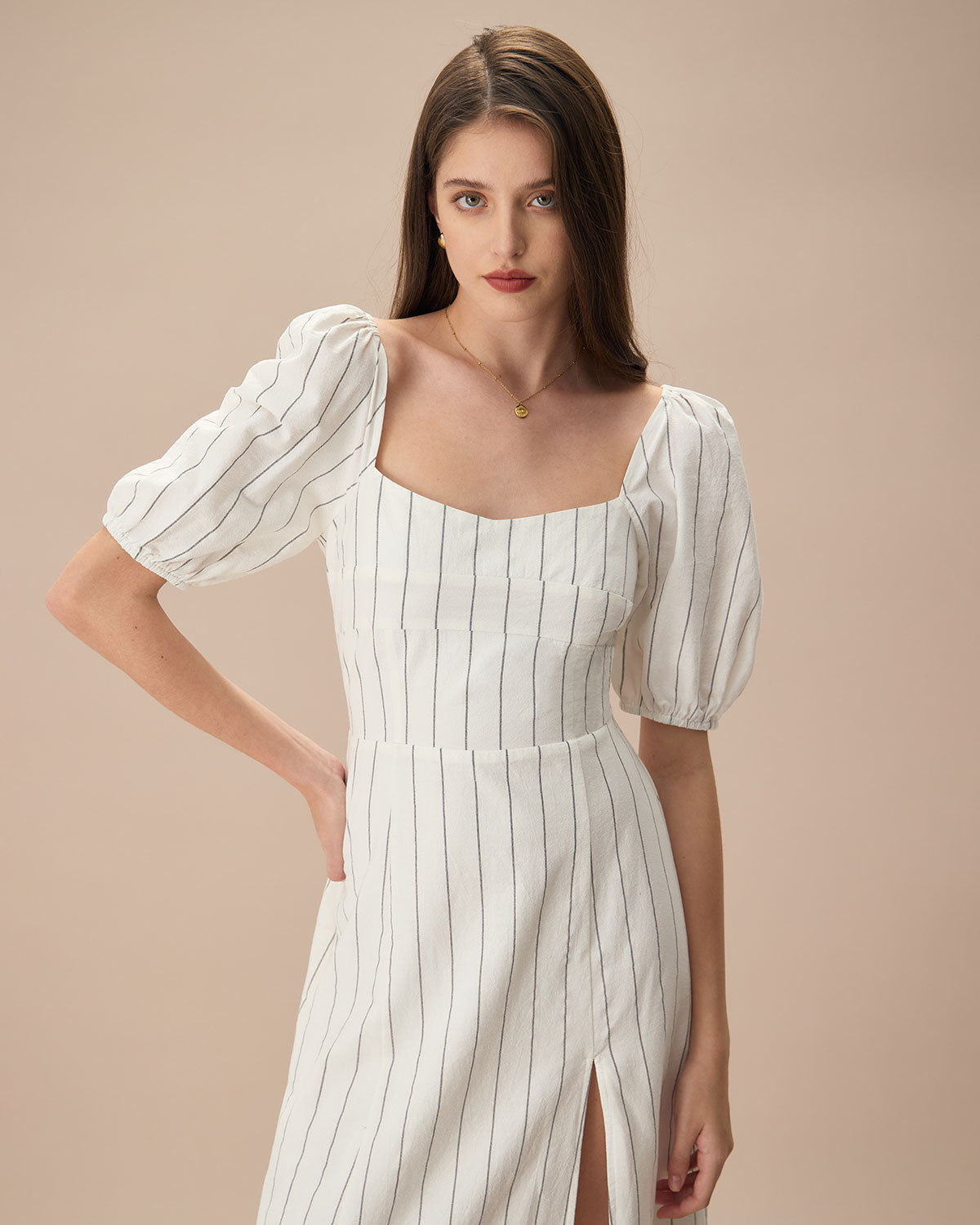 The Beige Puff Sleeve Striped Split Cotton Midi Dress With Mastercard For Sale