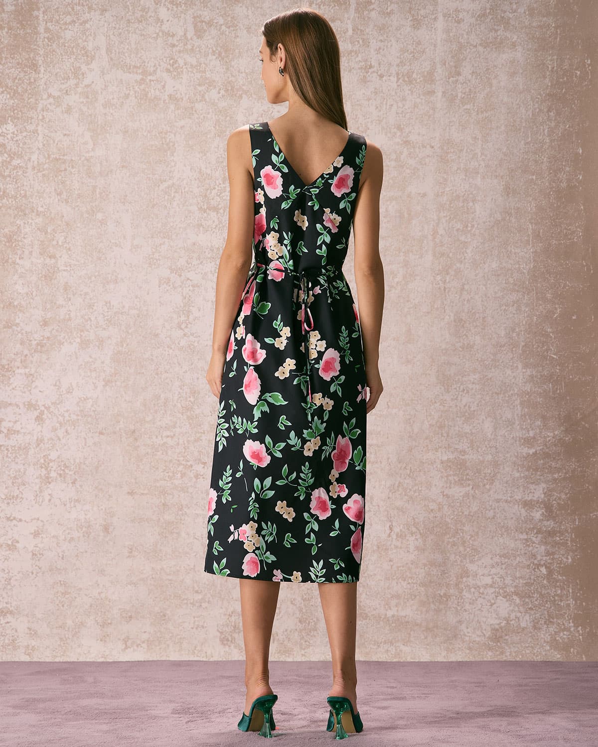 The Black V Neck Tie Back Floral Midi Dress Discount Explore