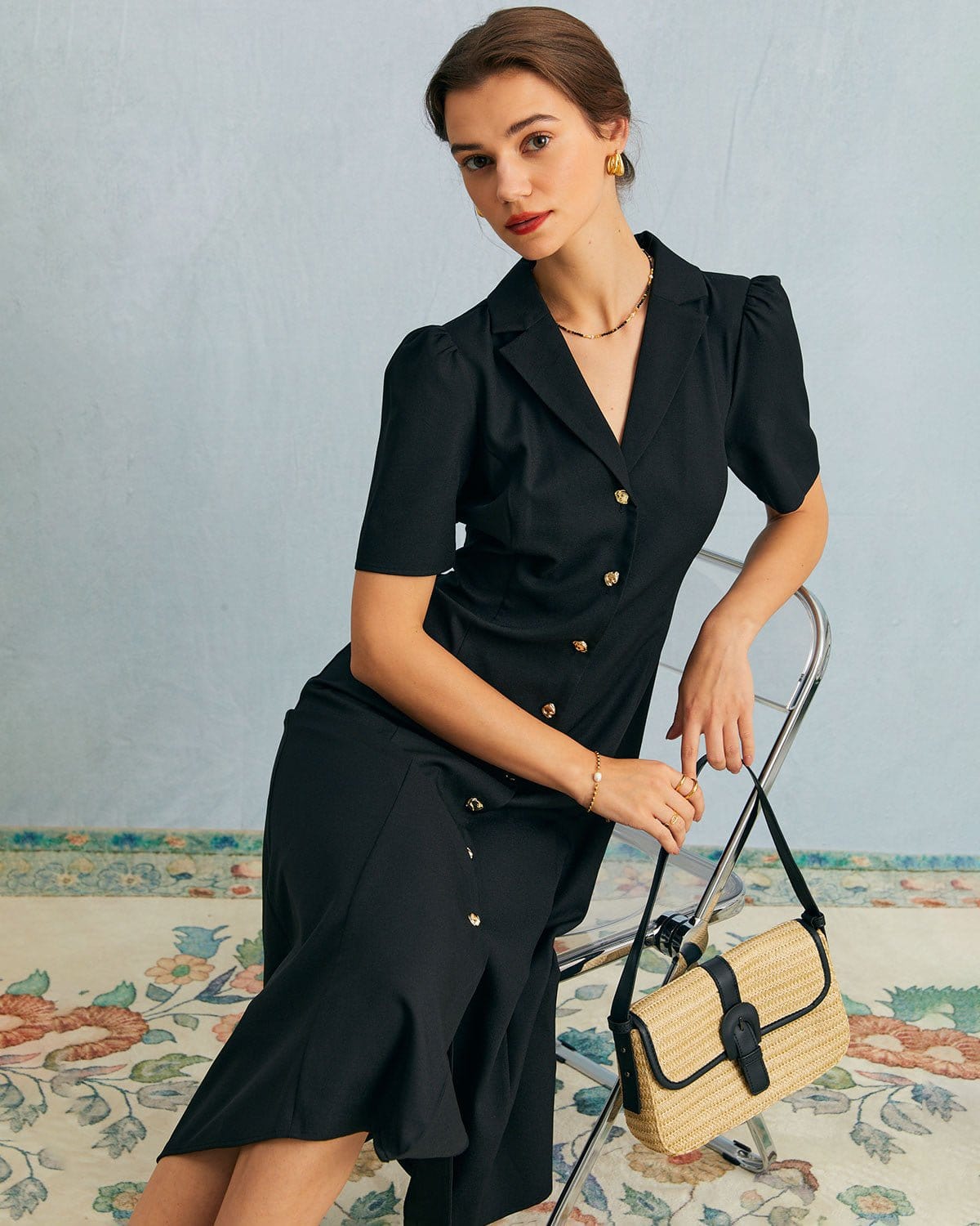 The Black V Neck Button Puff Sleeve Midi Dress Pay With Paypal Cheap Pice