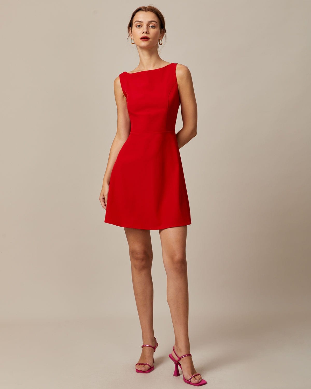 The Red Boat Neck High Waisted Mini Dress Purchase For Sale