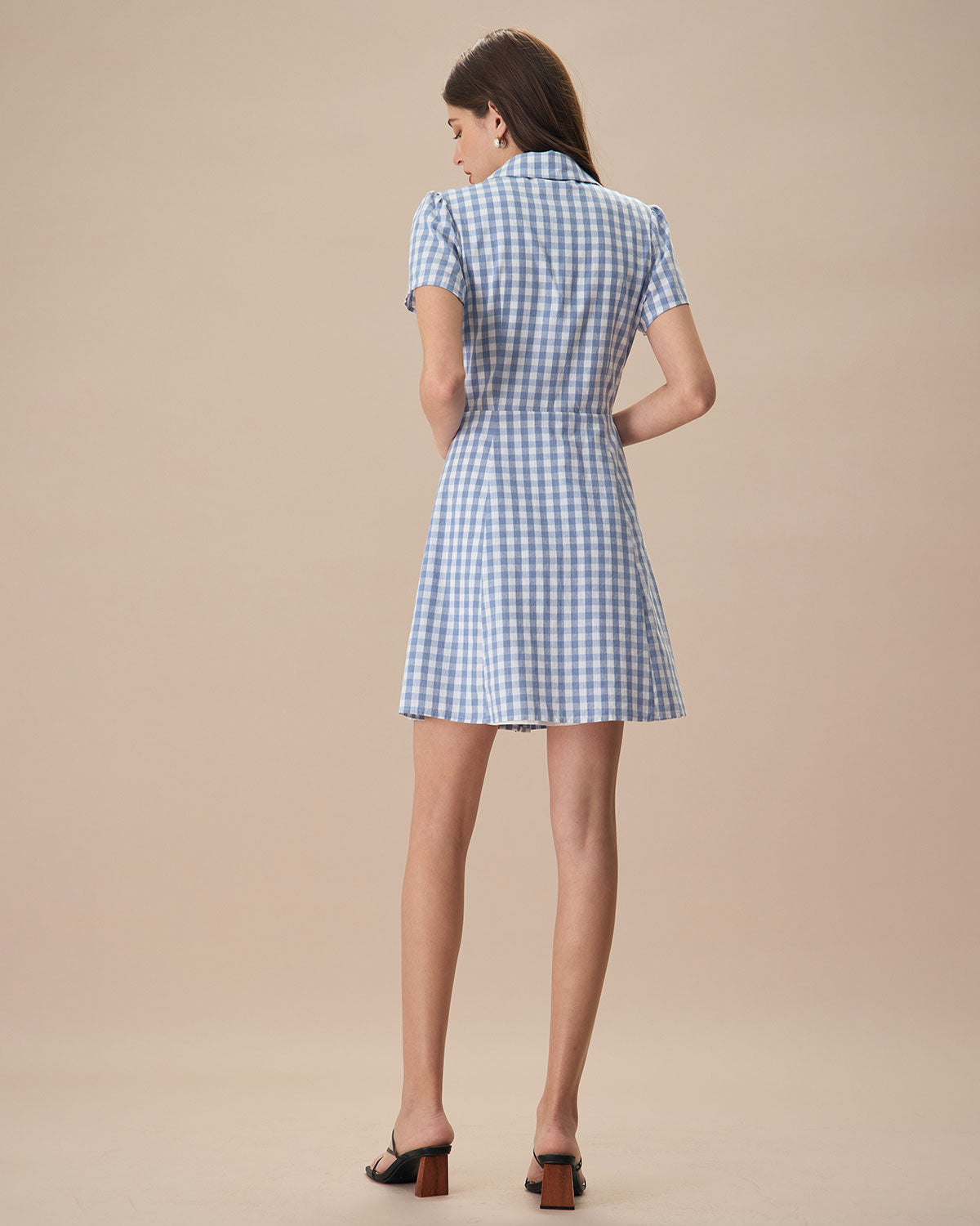 Women's Blue Plaid Lapel Cotton Mini Dress