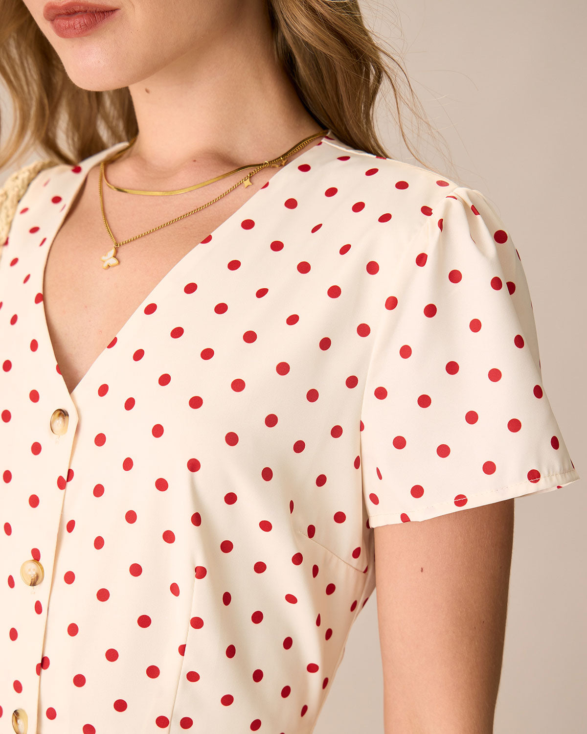 The Beige Polka Dot Button Mini Dress Sale Good Selling