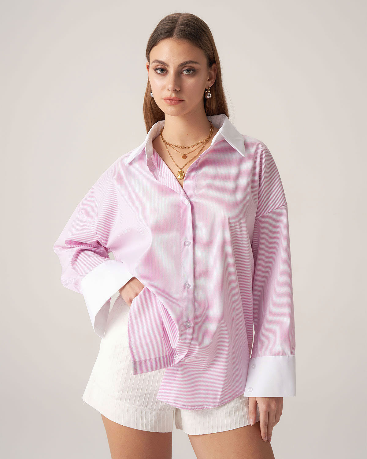 Bettydress Pink Contrast Striped Loose Shirt Explore Cheap Pice