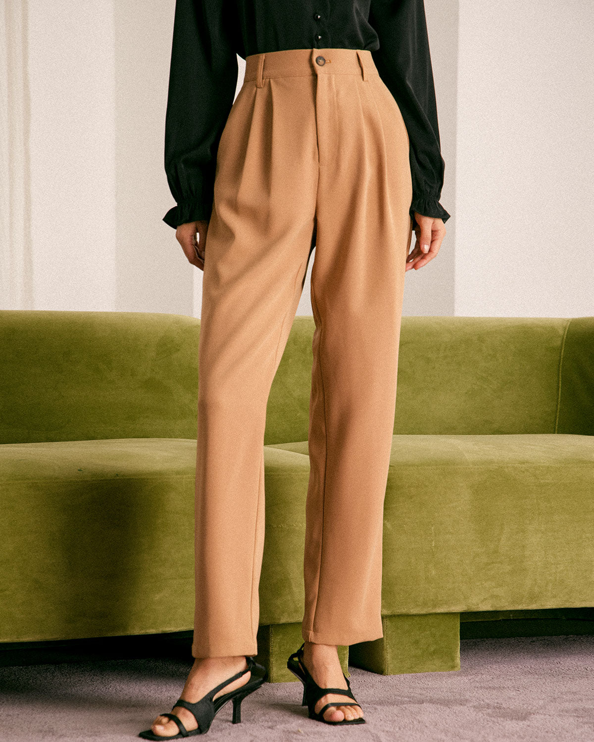 The Khaki High Waisted Pleated Tapered Pants Online Cheap Pice