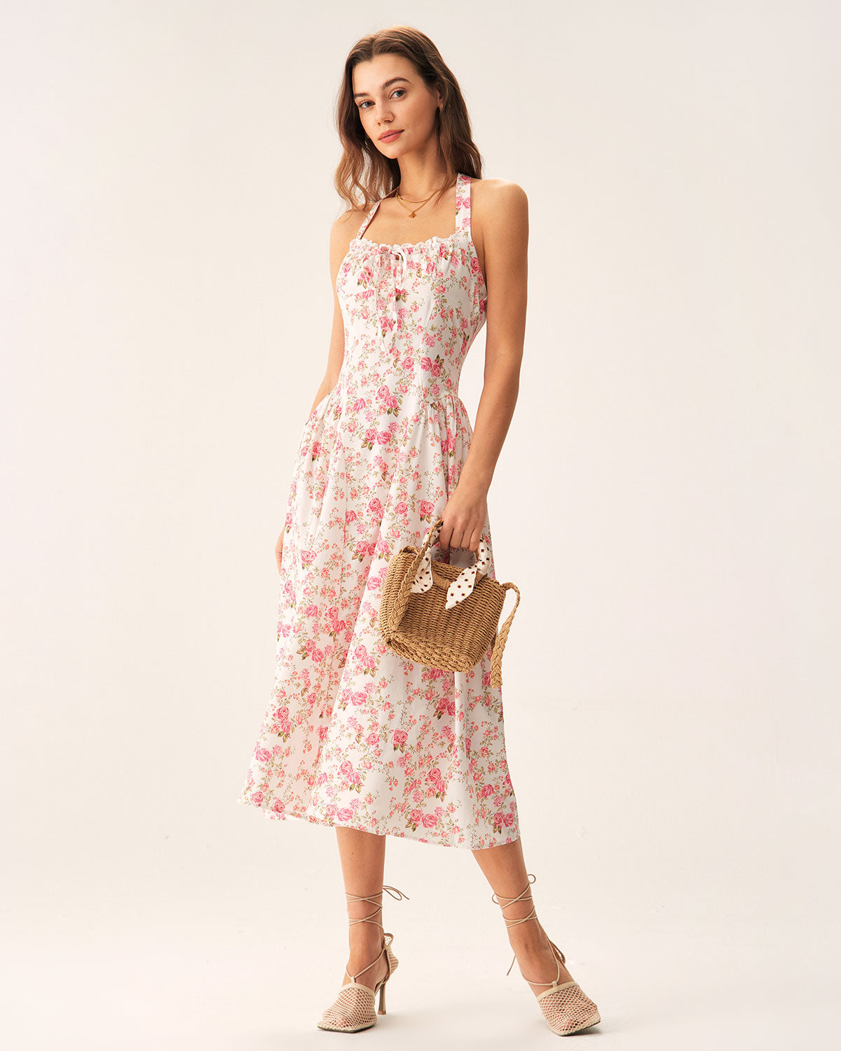 Pink Floral Halter Midi Dress For Sale For Sale