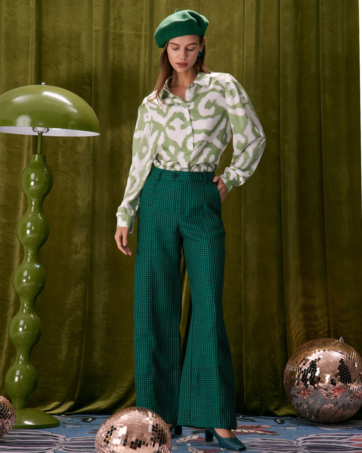 The Green Houndstooth Wide Leg Pants 2025 Newest Sale Online