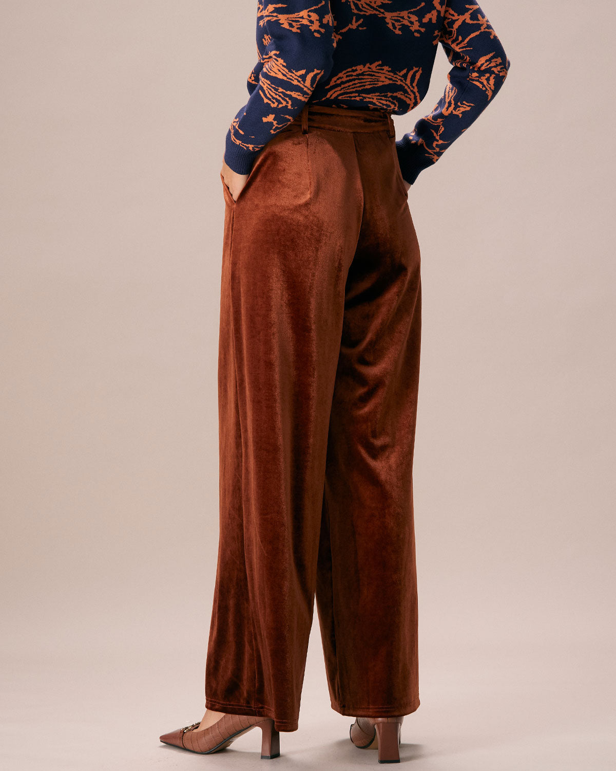 The Brown High Waisted Velvet Wide Leg Pants Classic For Sale