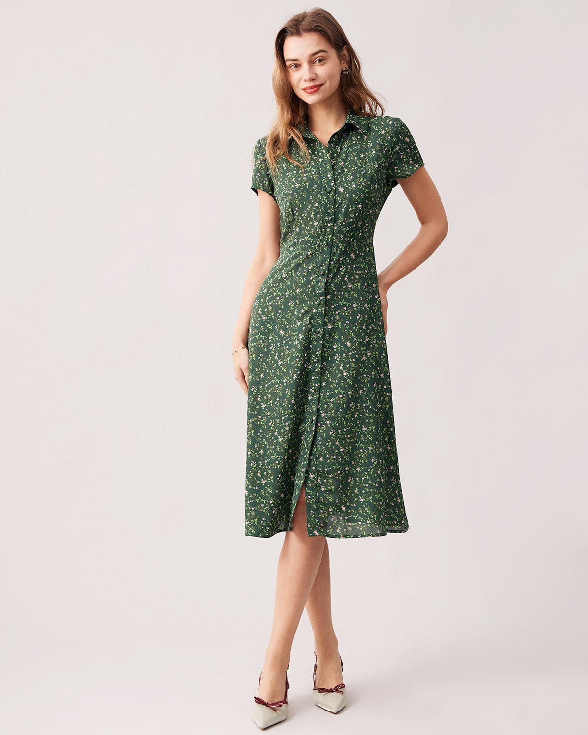 The Green Lapel Button Up Floral Midi Dress Finishline