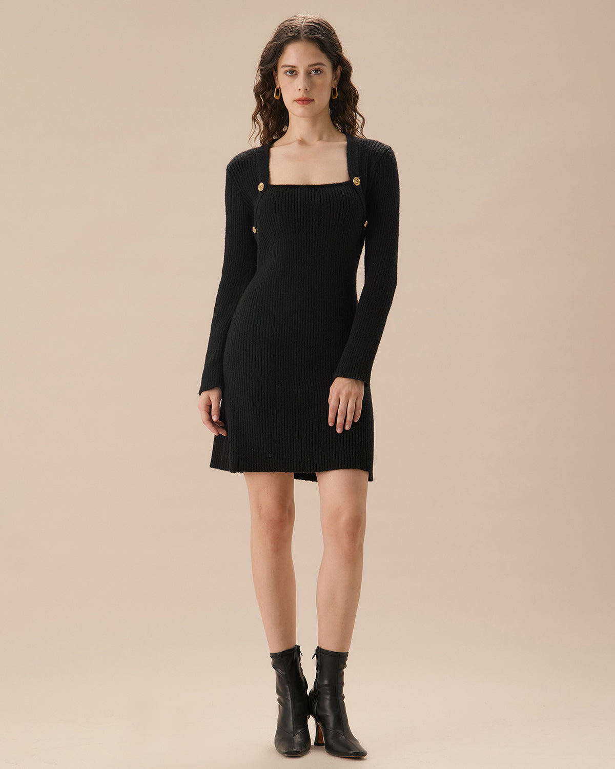 Black Square Neck Button Sweater Dress Outlet Fashion Style