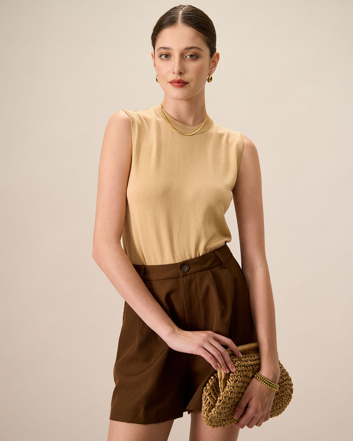 Women's Khaki Crew Neck Ribbed Tencel Tanks