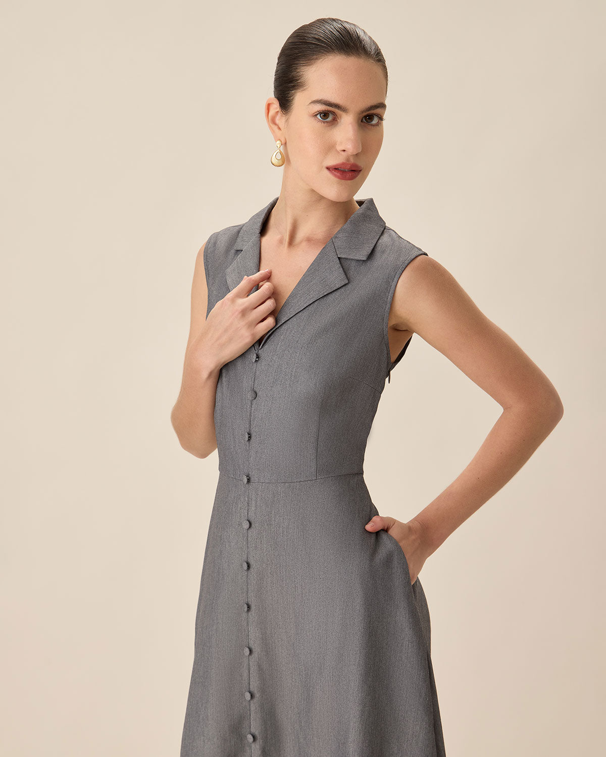 Grey V-Neck Button Midi Dress Buy Cheap Newest