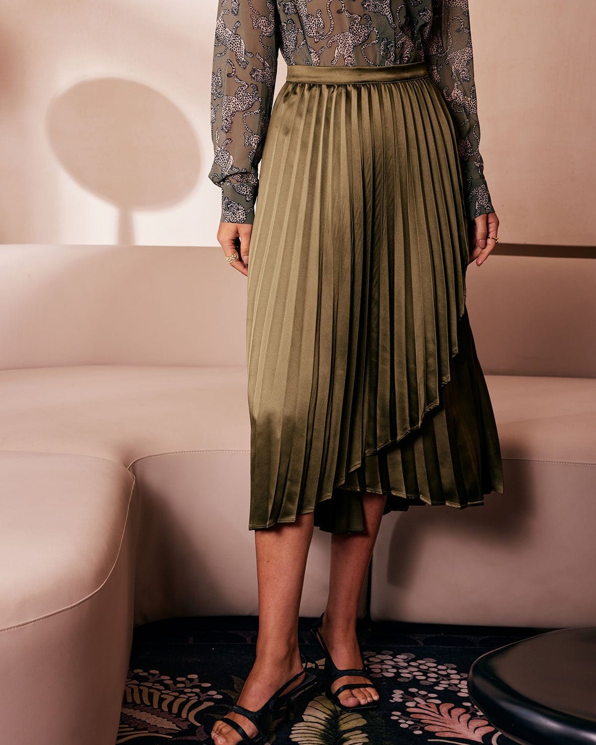 The Green Pleated Tulip Hem Satin Midi Skirt Cheap Online Store