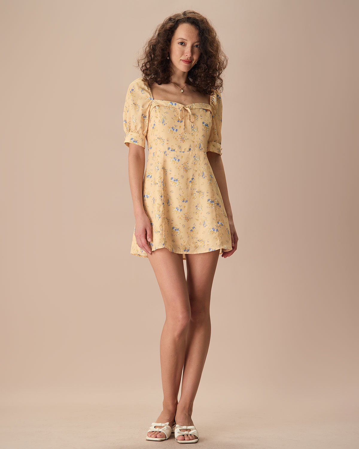 The Yellow Sweetheart Neck Floral Mini Dress Outlet Clearance