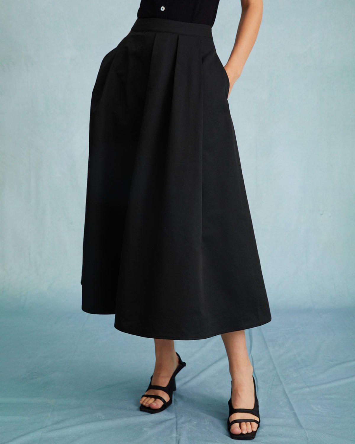 The Black High Waisted Pleated Midi Skirt Discount Best Place