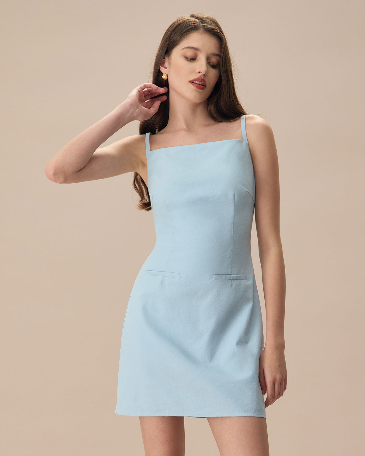 The Blue Square Neck Linen Slip Mini Dress Sale Best Seller