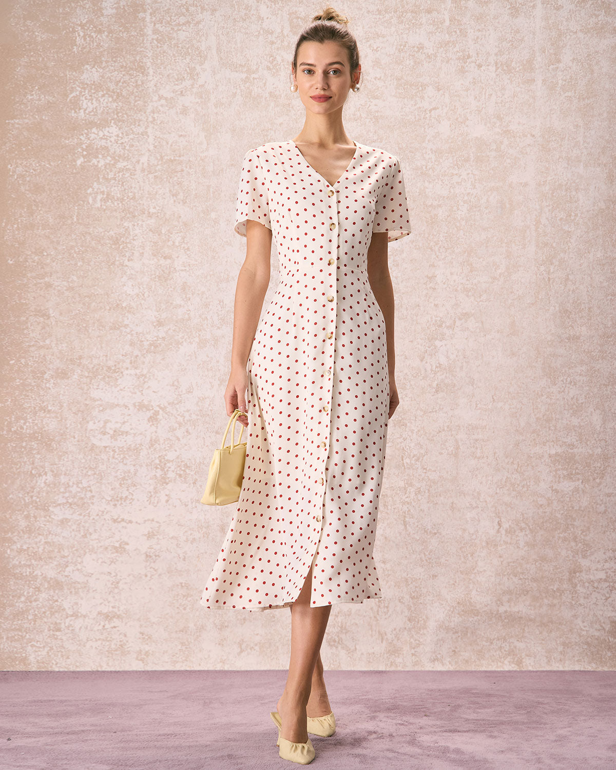 The Beige V Neck Polka Dot Button Midi Dress Free Shipping 2025 Unisex