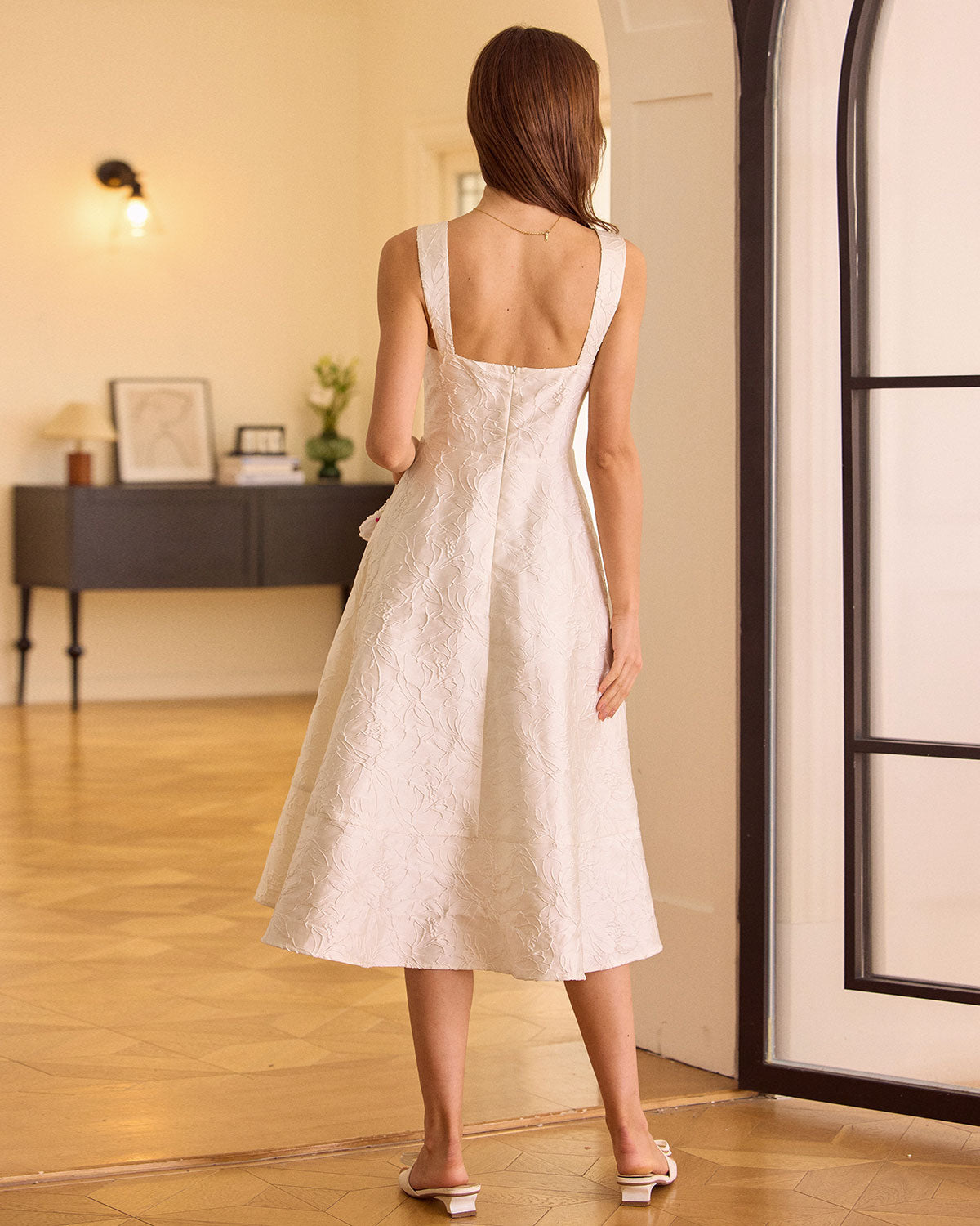 The White Sweetheart Neck Jacquard Midi Dress Perfect Cheap Pice