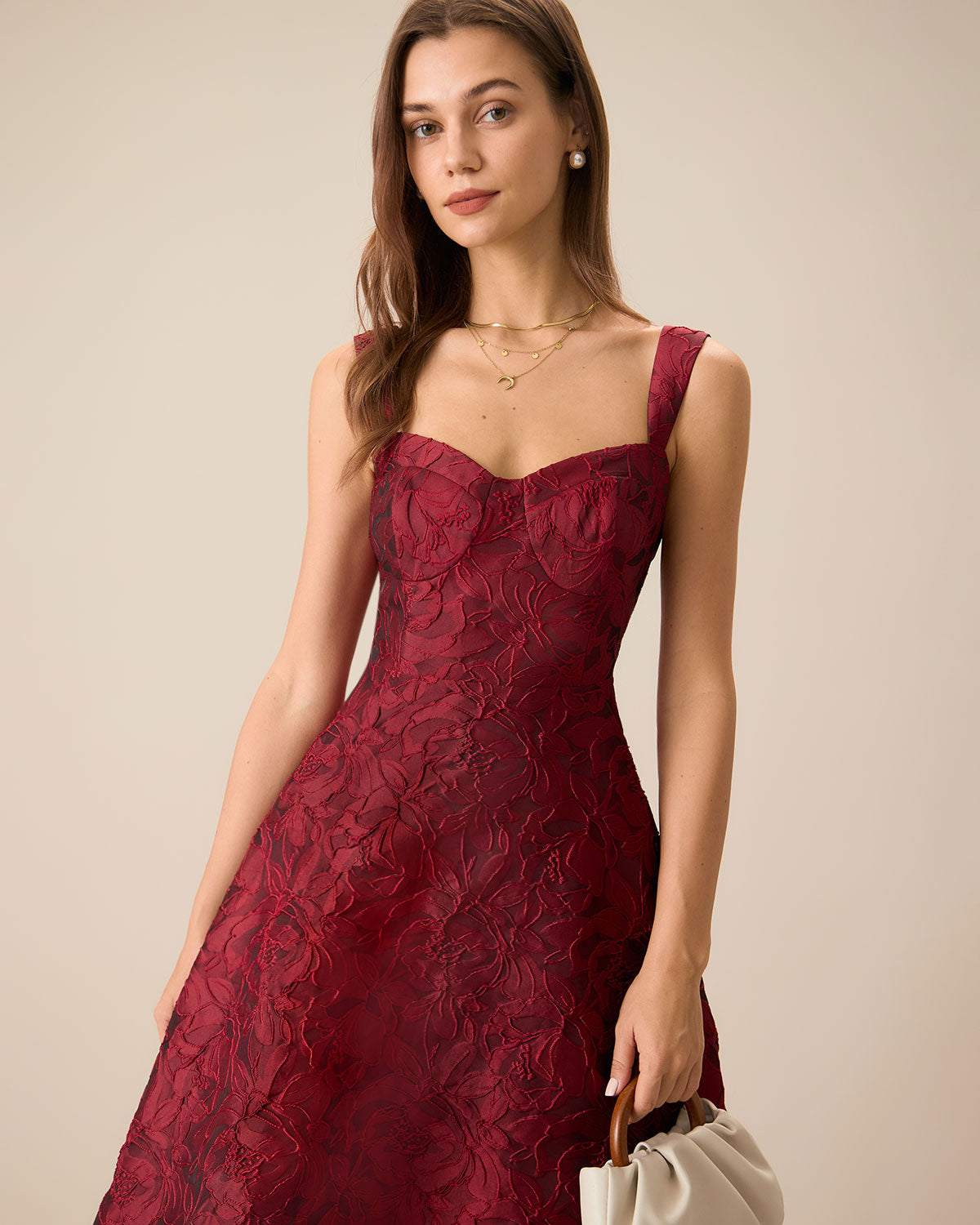 The Red Sweetheart Neck Jacquard Midi Dress Discount Best Pices