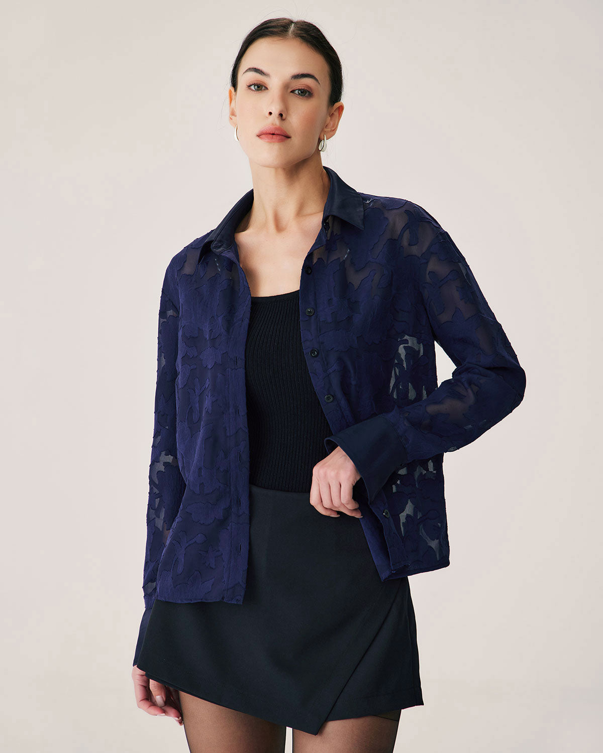 Navy Jacquard Long Sleeve Shirt Good Selling Online