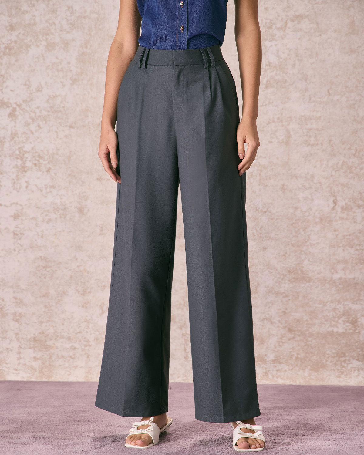 The Grey High Waisted Pleated Straight Pants Discount Explore