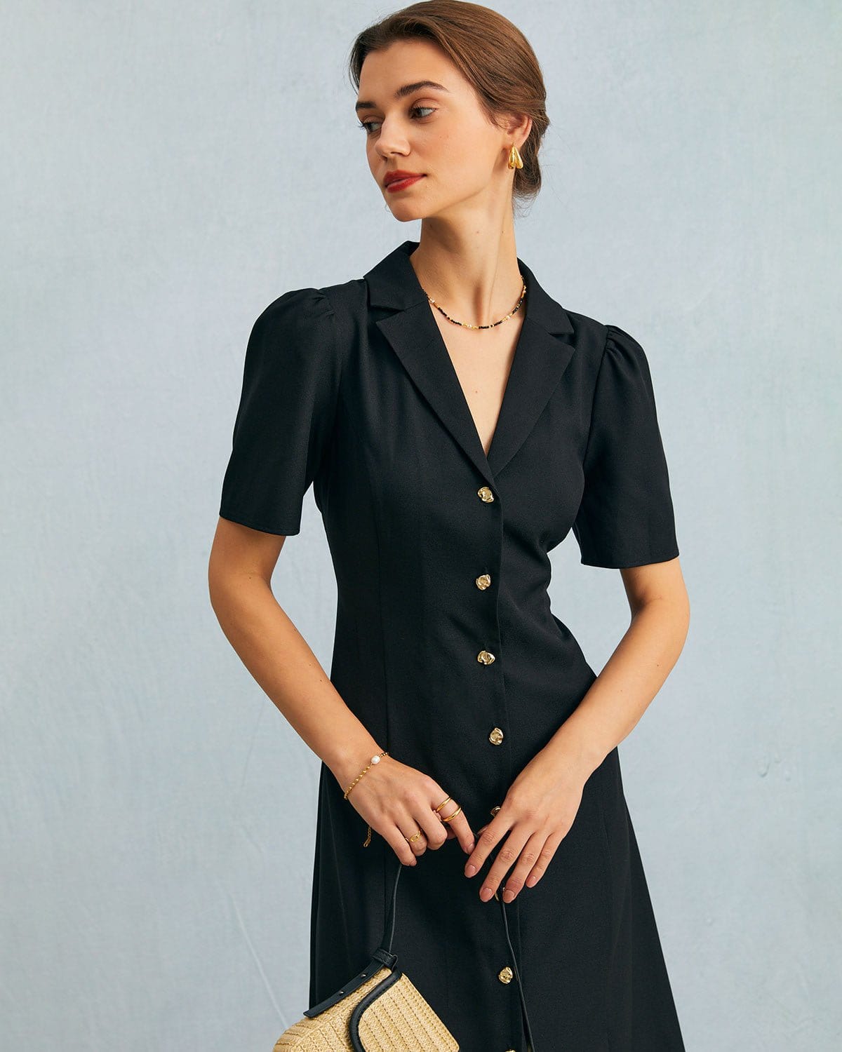 The Black V Neck Button Puff Sleeve Midi Dress Pay With Paypal Cheap Pice